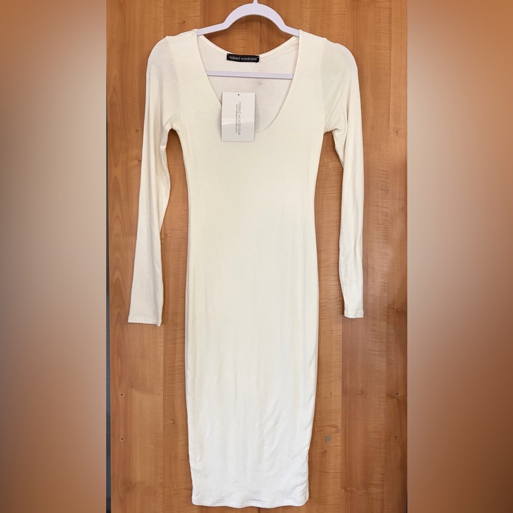 Naked Wardrobe Ivory Ribbed Long Sleeve Bodycon Midi Dress Size Small NWT